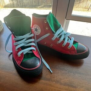 Converse Chuck Taylor Red and Green High-Tops with Blue Laces